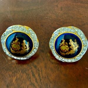 Vintage Limoges “Courting Couple” BlueEnamel&22k gold Trim Clipon Earring France